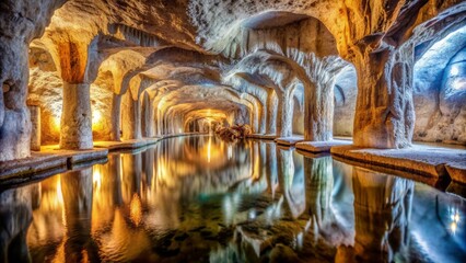 The Beautiful Underground Lake Reflects The Light From The Torches.