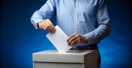 Voting for election. Mature man hand putting a ballot paper into a ballot box on a blue background. Banner. copy space