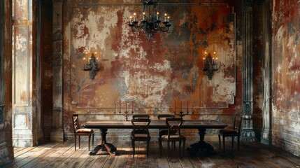 Background: Close-up of an old, dirty sink faucet with rusty stains on its steel surface provides an abstract, vintage wallpaper design for a retro-themed kitchen.