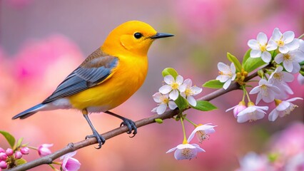 Obraz premium A Beautiful Yellow Bird Sits On A Branch Of A Blossoming Tree With White And Pink Flowers.