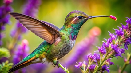 Obraz premium A Jeweled Hummingbird Hovers Near A Purple Flower.