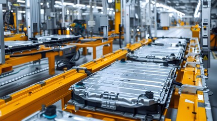 Mass production assembly line of electric vehicle battery cells close-up view