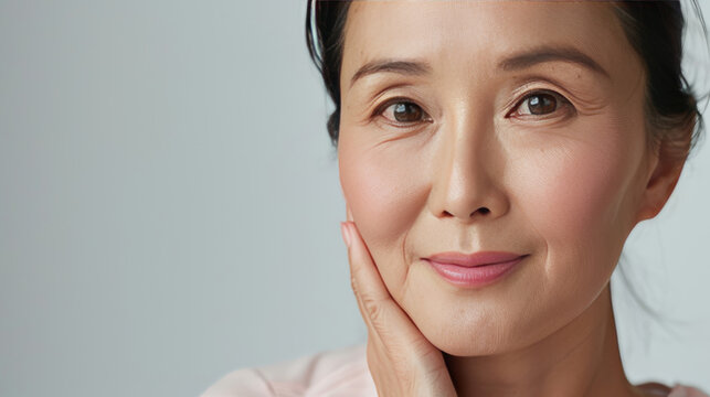 Middle-aged Asian woman with natural makeup shows off her beautiful skin. She takes care of her skin and uses products to keep it looking young and healthy.