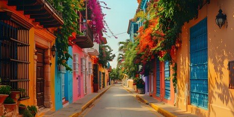 Fototapeta premium Vibrant Watercolor Streets of Cartagena de Indias, Colombia. Concept Travel Photography, Vivid Streets, Cartagena de Indias, Watercolor, Vibrant Colors