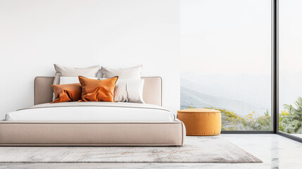 Bedroom interiors in neutral colors with a bed next to a large window filling the room with lighting. Relaxing Real Estate interiors design composition.