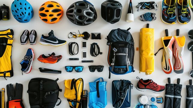 High angle view of a triathletes transition area clearly organized gear