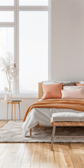 Bedroom interiors in neutral colors with a bed next to a large window filling the room with lighting. Relaxing Real Estate interiors design composition.