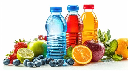 Fototapeta premium Visualization of a triathletes hydration strategy bottles of water and sports drink