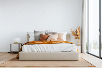 Bedroom interiors in neutral colors with a bed next to a large window filling the room with lighting. Relaxing Real Estate interiors design composition.
