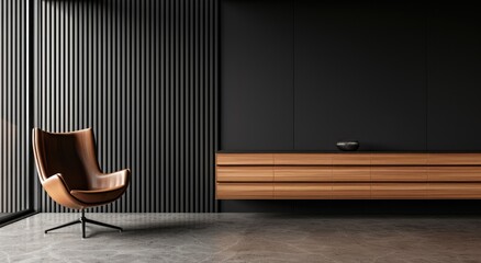 Minimalist Living Room with a Leather Chair and Wooden Cabinet