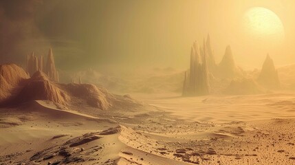 The image portrays an otherworldly desert landscape bathed in a warm, golden light. The sand dunes and rocky outcrops dominate the foreground, leading to majestic, jagged, conical rock formations in t