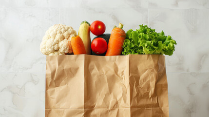 Vegetable-themed photo to promote natural products. A paper bag from the supermarket with carrots, cauliflower, tomatoes, lettuce, and squash is placed on a white table with copy space. Front view.