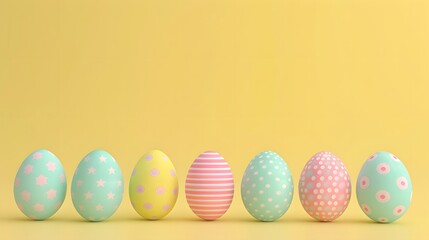 Fototapeta premium 3D render of Easter eggs in a row on a pastel yellow background, clean background, no copyrighted logo, no letters, no peaple