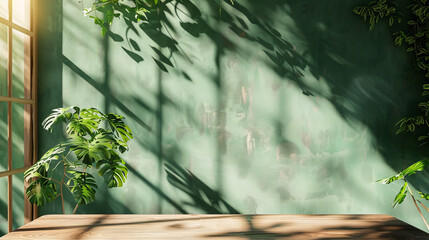 Wooden table against a green wall with sunlit windows casting shadows of leaves. Indoor greenery provides a backdrop for displaying products in an eco-friendly setting.