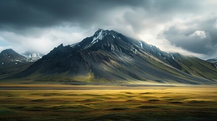 A dramatic landscape of rugged mountains with sharp, jagged peaks partially covered in snow and shrouded by low-hanging clouds. The mountain range is set against a backdrop of a cloudy sky, casting mo