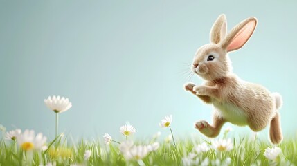 3D render of Easter bunny hopping through a meadow on a pastel green background, clean background, no copyrighted logo, no letters, no peaple