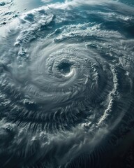 Drone view of a hurricane over the ocean, capturing the swirling clouds and the eye of the storm with intense power