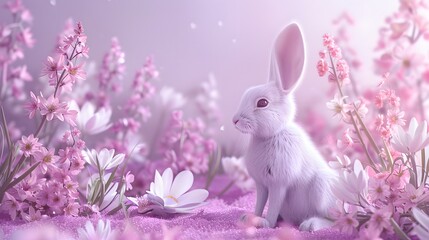 Fototapeta premium 3D render of Vintage-style Easter card with a bunny and flowers on a pastel purple background, clean background, no copyrighted logo, no letters, no peaple