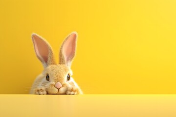 Obraz premium 3D render of Easter bunny peeking out from behind a pastel yellow background, clean background, no copyrighted logo, no letters, no peaple