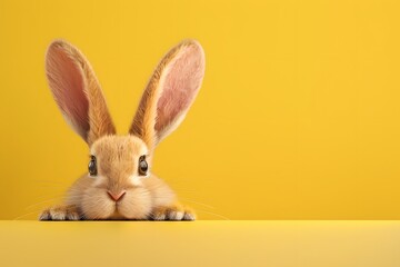 Obraz premium 3D render of Easter bunny peeking out from behind a pastel yellow background, clean background, no copyrighted logo, no letters, no peaple