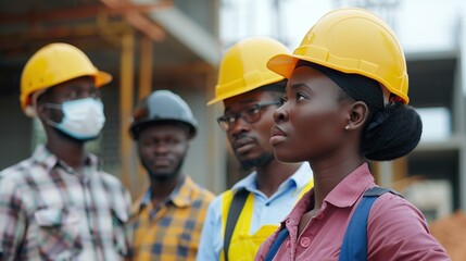 Engineering, construction site and team outdoor for building project, planning and architecture. Black woman and men contractor together for development.