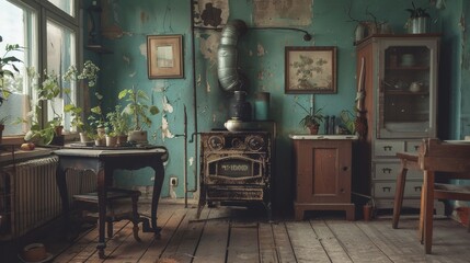Background: Rusty metal equipment and weathered plumbing pipes create a vintage, grunge atmosphere in the old kitchen, adding a rustic charm to the home's interior.