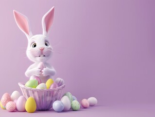 Fototapeta premium 3D render of Easter bunny delivering eggs on a pastel purple background, clean background, no copyrighted logo, no letters, no peaple
