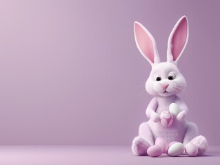 Obraz premium 3D render of Easter bunny delivering eggs on a pastel purple background, clean background, no copyrighted logo, no letters, no peaple