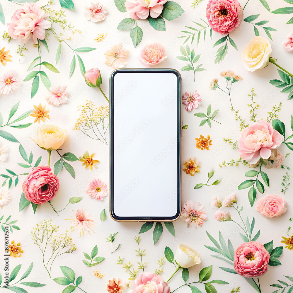 Wall mural Smartphone blank mockup top view on pastel colors floral background. Copy space