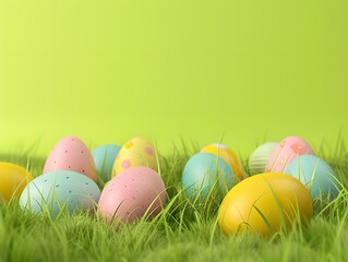Fototapeta premium 3D render of Colorful eggs in grass on a pastel green background, clean background, no copyrighted logo, no letters, no peaple