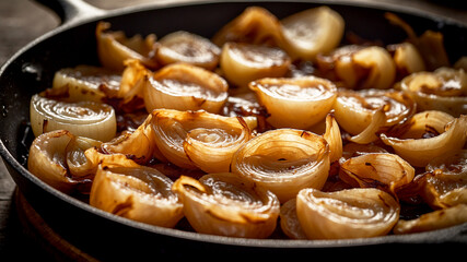 Caramelized Onions in a Pan A beautifully lit close-up shot of caramelized onions cooking in a cast-iron skillet