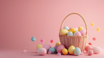 3D render of Easter basket overflowing with eggs on a pastel pink background, clean background, no copyrighted logo, no letters, no peaple