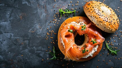 Top view of a fresh bagel with cream cheese and smoked salmon