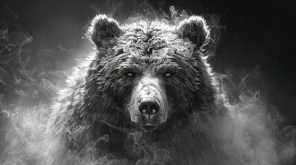   A black-and-white photograph capturing a bear's face with considerable smoke emanating from its mouth