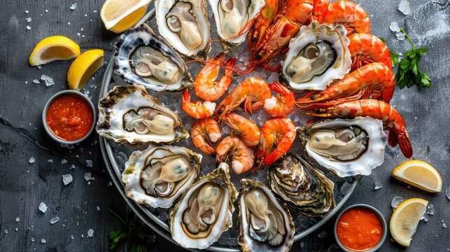 Top view of a fresh seafood platter with oysters, shrimp, and crab