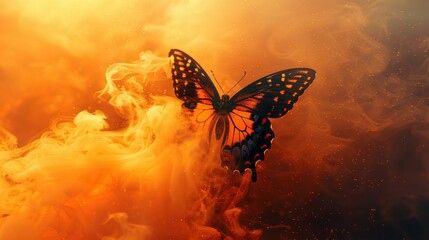   Butterfly perched on orange-yellow smoky background, wings open wide