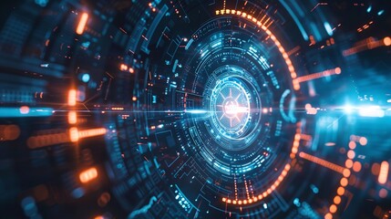 Blue and orange glowing circuit board with glowing lights. AIG535