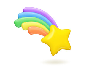 Rainbow falling star vector 3d icon. Cute unicorn style magic illustration isolated. Shooting yellow fantasy sparkle emoji, children design element © olenago