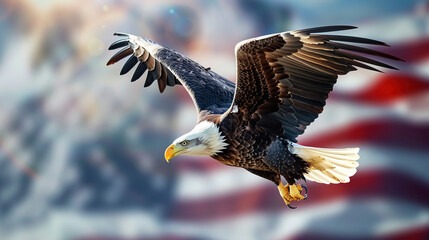 Fototapeta premium bald eagle flying over american flag background
