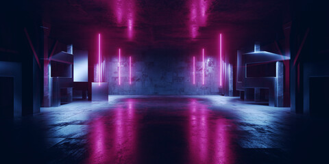 Obraz premium Cyber Neon Spaceship Garage Stage Sci Fi Laser Lights Commercial Backdrop Background Grunge Concrete Metal Glossy VIbrant Empty Space Tunnel Corridor 3D Rendering