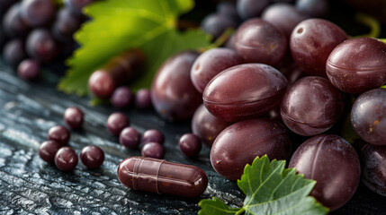 Close-up of Resveratrol Capsules in Vibrant Grape and Red Wine Health Setting, Natural Antioxidant Supplements