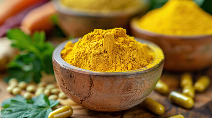 High-Quality Quercetin Powder Close-up, Surrounded by Vibrant Health Foods, Perfect for Wellness Campaigns