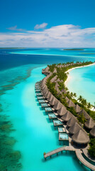 Aerial View of Serene Tropical Island Resort, Crystal Clear Sea & Overwater Bungalows