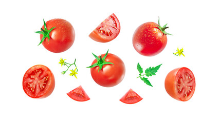 Group tomato has water drop with slices and flower isolated on white background , clipping path.