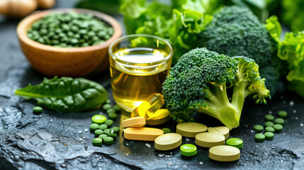 Macro Shot of Vitamin K Supplements with Green Vegetables and Broccoli for Nutritional Health Campaigns