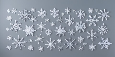 A flat lay of various snowflakes on grey background - winter cecoration. For seasonal marketing, holiday cards, winter-themed designs, and more, offering a versatile and visually appealing background 