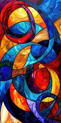 Fototapeta premium Colorful abstract painting with bold swirling lines and vibrant hues of blue, red, yellow, and orange. Dynamic shapes and textured brushstrokes create a sense of motion and energy.