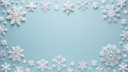 A flat lay of various snowflakes on blue background - winter cecoration. For seasonal marketing, holiday cards, winter-themed designs, and more, offering a versatile and visually appealing background 