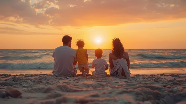 A warm family gathering on the beach at sunset, children playing in the sand, parents sitting together and watching the sunset, the sky painted with orange and pink hues
