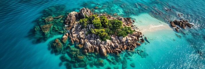Beautiful nature landscape. Aerial view of tropical rocky island, turquoise water and white sand beach. World environment day